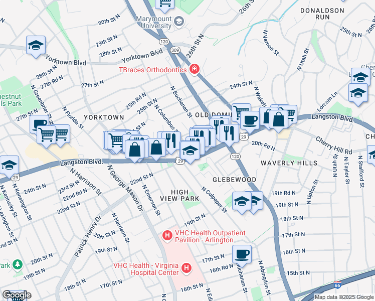 map of restaurants, bars, coffee shops, grocery stores, and more near 2226 North Columbus Street in Arlington