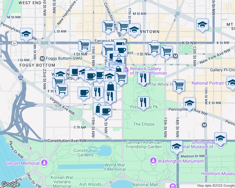 map of restaurants, bars, coffee shops, grocery stores, and more near 550 17th Street Northwest in Washington
