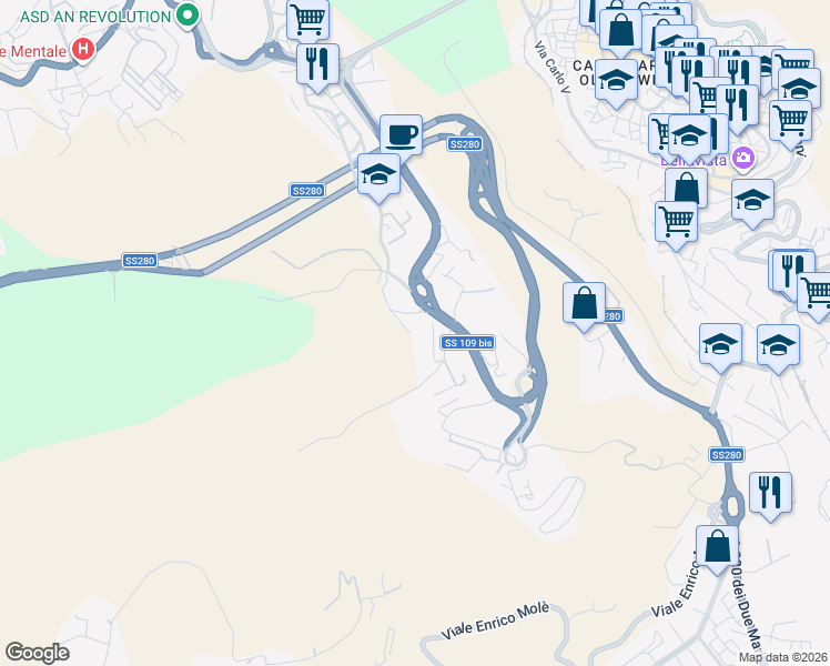 map of restaurants, bars, coffee shops, grocery stores, and more near 78 Via Paolo Orsi in Catanzaro