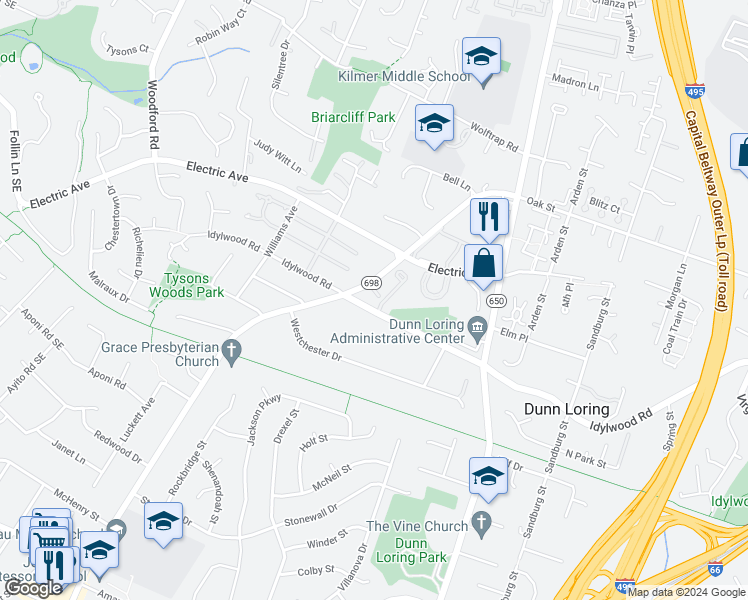 map of restaurants, bars, coffee shops, grocery stores, and more near 8223 Goldstream Court in Vienna