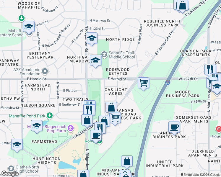 map of restaurants, bars, coffee shops, grocery stores, and more near 1511 East Elizabeth Street in Olathe