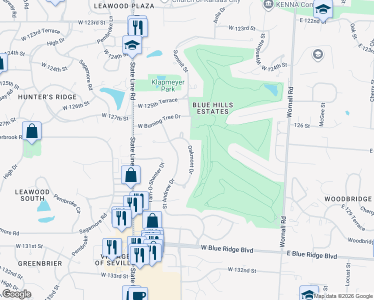 map of restaurants, bars, coffee shops, grocery stores, and more near 12729 Saint Andrew Drive in Kansas City