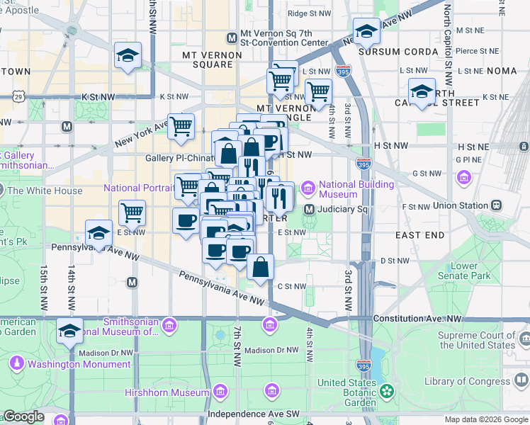 map of restaurants, bars, coffee shops, grocery stores, and more near 600 F Street Northwest in Washington