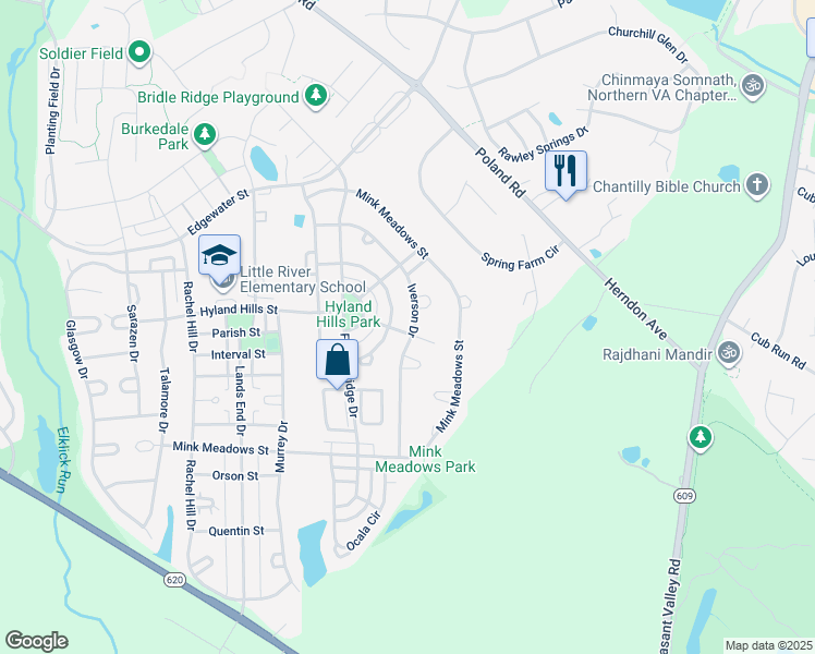 map of restaurants, bars, coffee shops, grocery stores, and more near 43680 Primanti Street in Chantilly