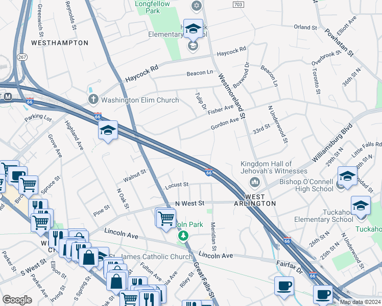 map of restaurants, bars, coffee shops, grocery stores, and more near 6634 Hallwood Avenue in Falls Church
