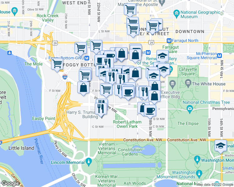 map of restaurants, bars, coffee shops, grocery stores, and more near 2030 F Street Northwest in Washington