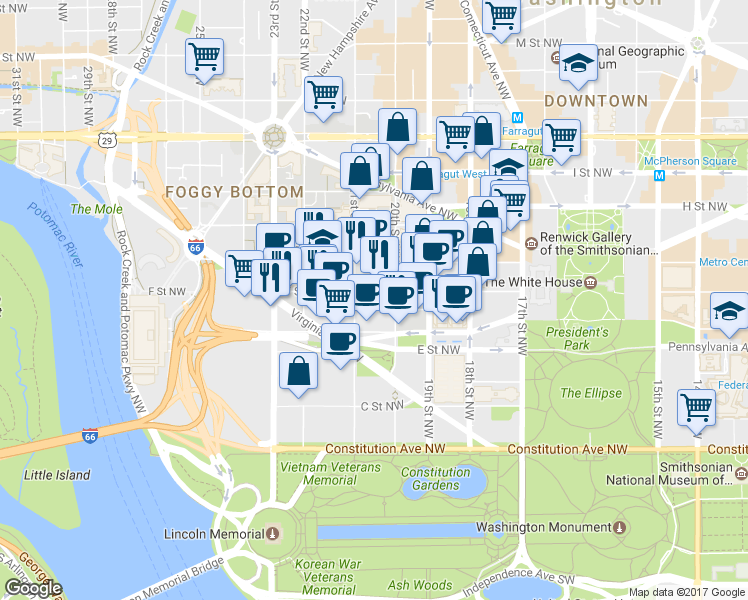 map of restaurants, bars, coffee shops, grocery stores, and more near 2020 F Street Northwest in Washington