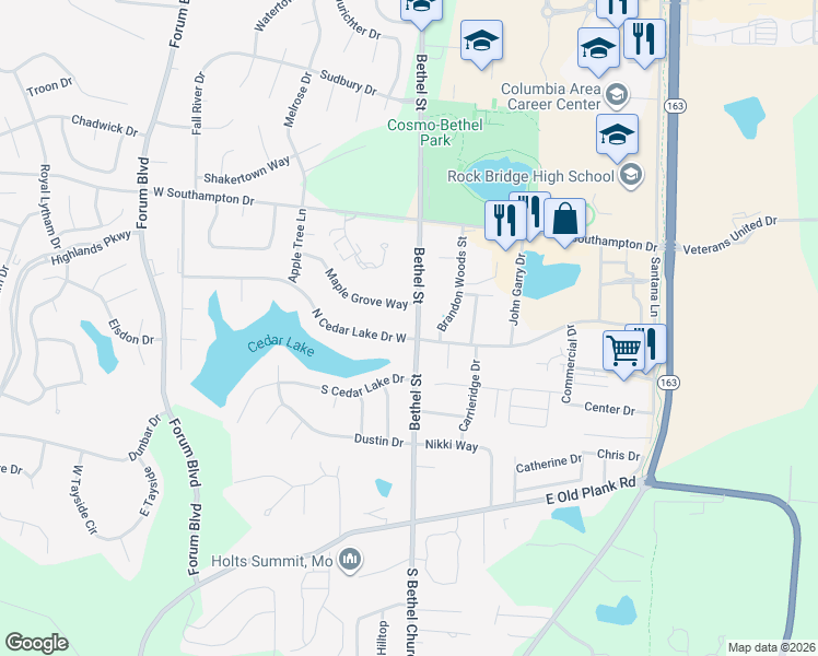map of restaurants, bars, coffee shops, grocery stores, and more near 101 North Cedar Lake Drive East in Columbia