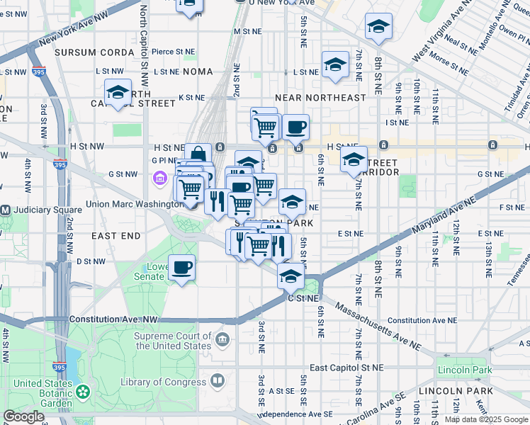 map of restaurants, bars, coffee shops, grocery stores, and more near 535 3rd Street Northeast in Washington