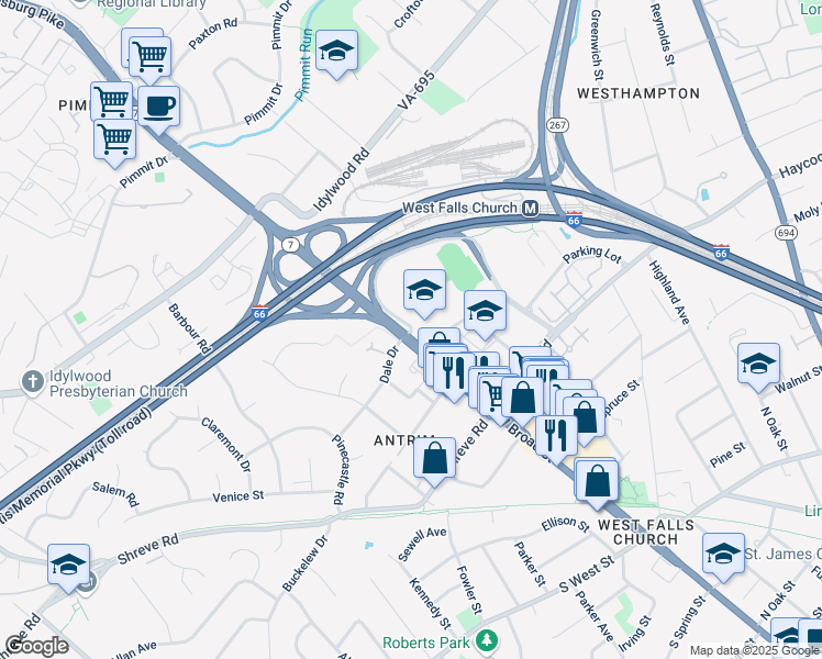 map of restaurants, bars, coffee shops, grocery stores, and more near 0 Falls Church Drive in Falls Church