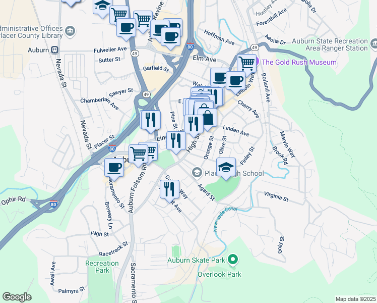 map of restaurants, bars, coffee shops, grocery stores, and more near 114 Finley Street in Auburn