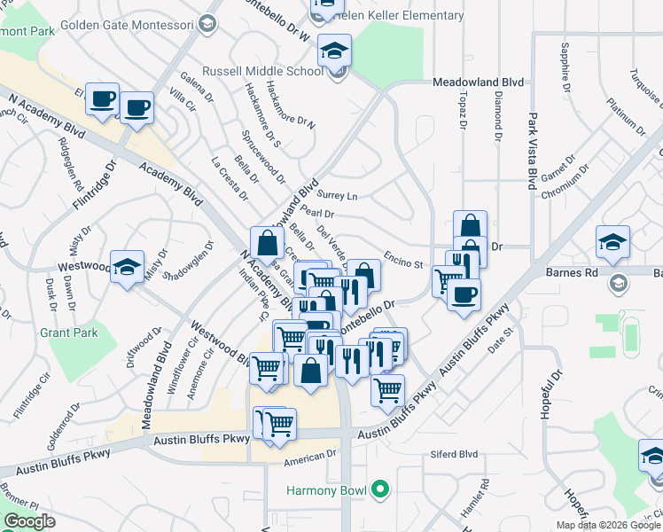 map of restaurants, bars, coffee shops, grocery stores, and more near 3728 Mesa Grande Drive in Colorado Springs