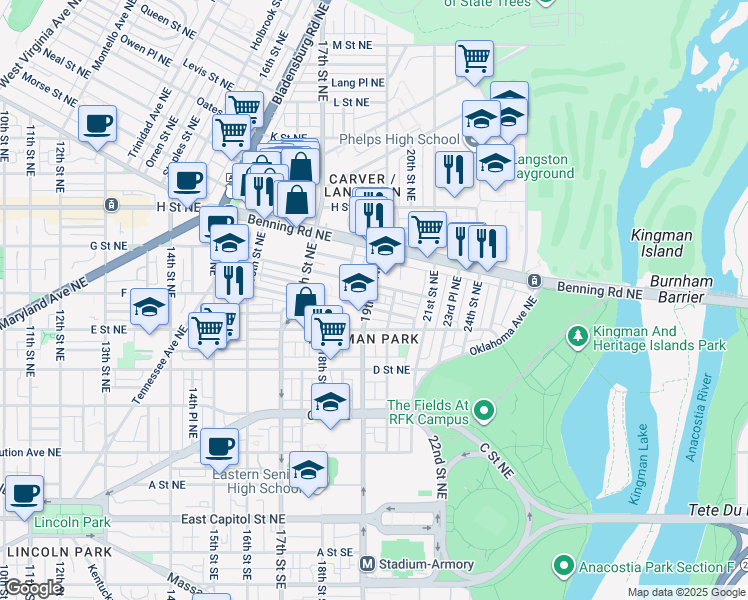 map of restaurants, bars, coffee shops, grocery stores, and more near 101 Independence Avenue Southeast in Washington