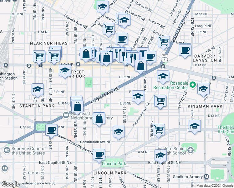 map of restaurants, bars, coffee shops, grocery stores, and more near 101 Independence Avenue Southeast in Washington