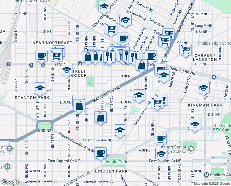 map of restaurants, bars, coffee shops, grocery stores, and more near 101 Independence Avenue Southeast in Washington
