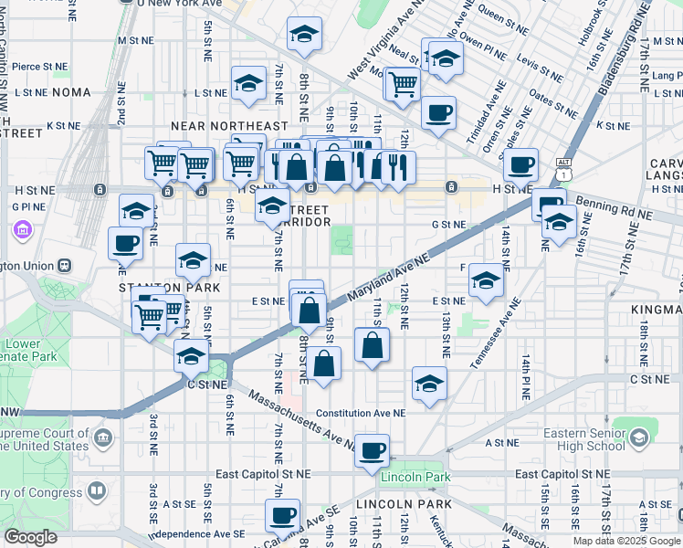 map of restaurants, bars, coffee shops, grocery stores, and more near 101 Independence Avenue Southeast in Washington