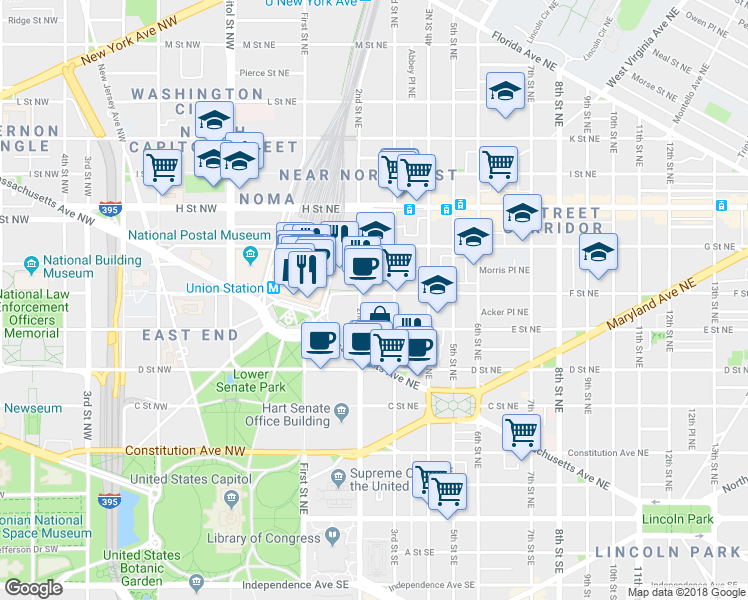 map of restaurants, bars, coffee shops, grocery stores, and more near 101 Independence Avenue Southeast in Washington