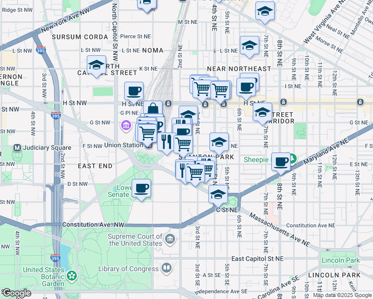 map of restaurants, bars, coffee shops, grocery stores, and more near 101 Independence Avenue Southeast in Washington