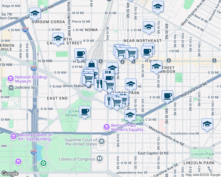 map of restaurants, bars, coffee shops, grocery stores, and more near 101 Independence Avenue Southeast in Washington