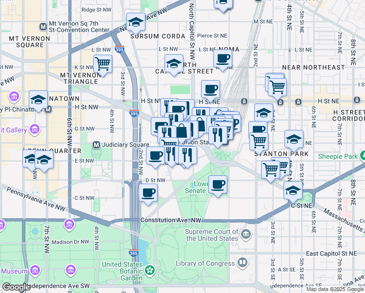 map of restaurants, bars, coffee shops, grocery stores, and more near 101 Independence Avenue Southeast in Washington