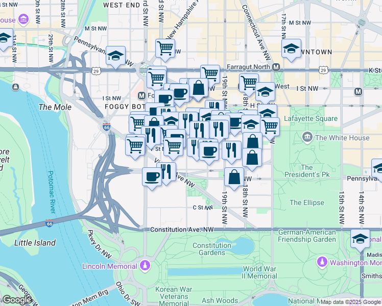 map of restaurants, bars, coffee shops, grocery stores, and more near 101 Independence Avenue Southeast in Washington