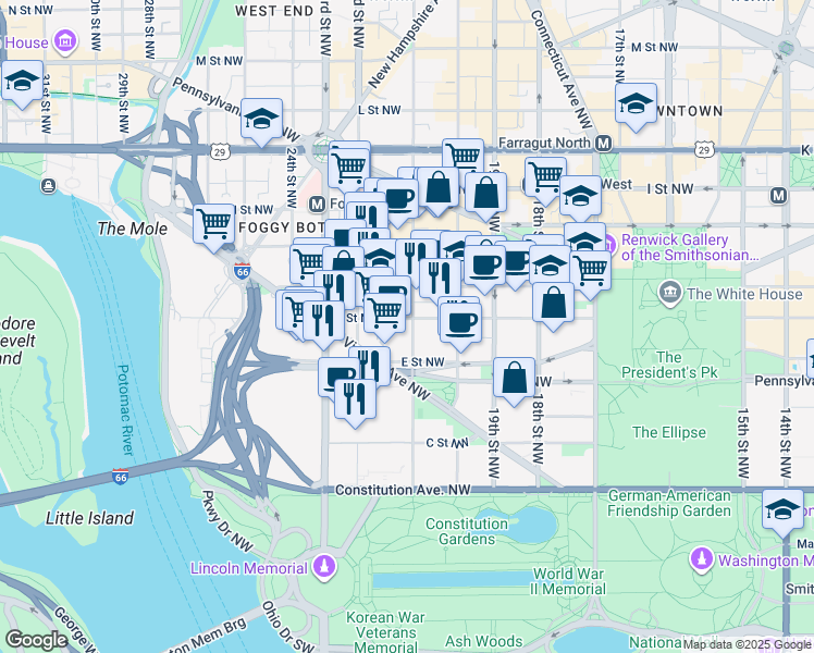 map of restaurants, bars, coffee shops, grocery stores, and more near 101 Independence Avenue Southeast in Washington