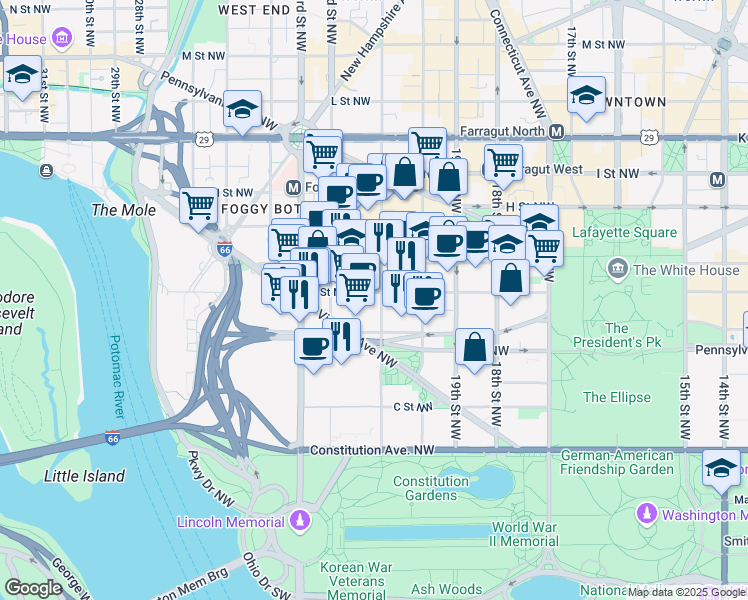 map of restaurants, bars, coffee shops, grocery stores, and more near 101 Independence Avenue Southeast in Washington