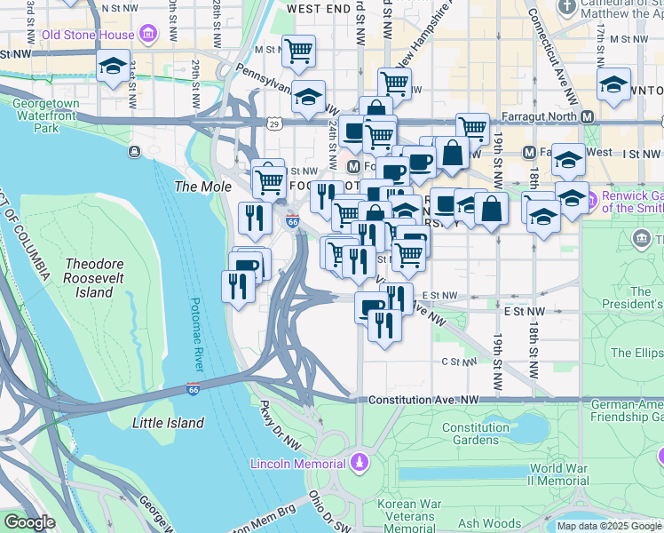 map of restaurants, bars, coffee shops, grocery stores, and more near 101 Independence Avenue Southeast in Washington