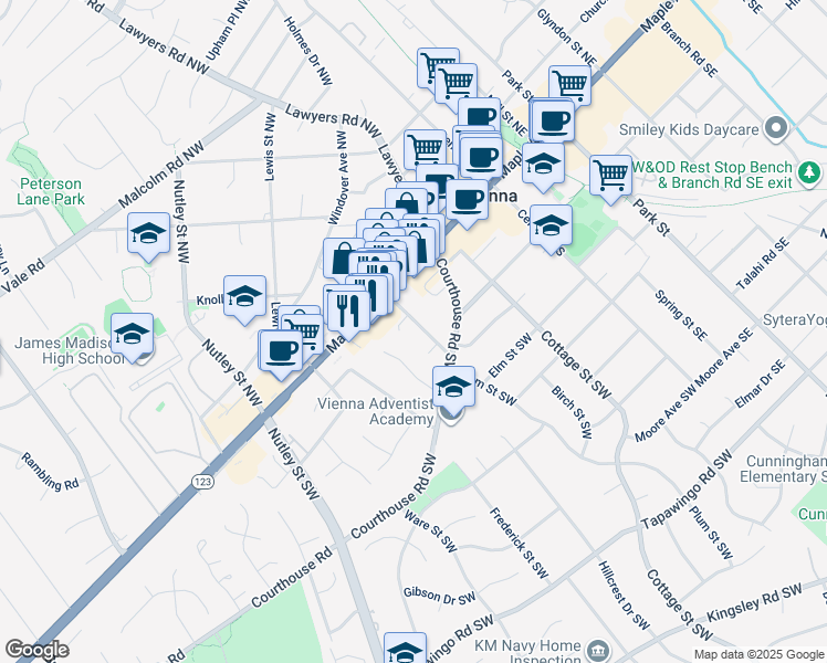 map of restaurants, bars, coffee shops, grocery stores, and more near 217 Pleasant Street Southwest in Vienna