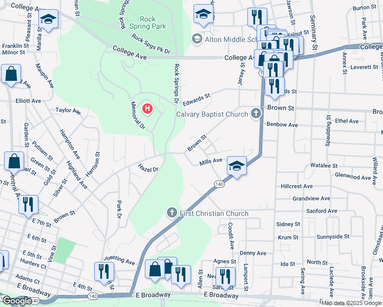 map of restaurants, bars, coffee shops, grocery stores, and more near 2123 Mills Avenue in Alton