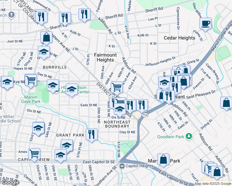 map of restaurants, bars, coffee shops, grocery stores, and more near 101 Independence Avenue Southeast in Washington