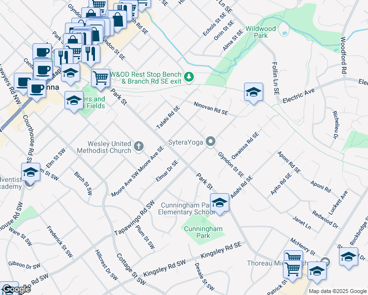 map of restaurants, bars, coffee shops, grocery stores, and more near 206 Elmar Drive Southeast in Vienna
