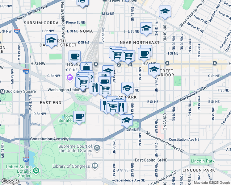 map of restaurants, bars, coffee shops, grocery stores, and more near 535 3rd Street Northeast in Washington