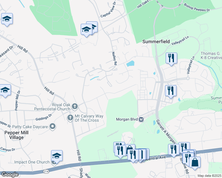 map of restaurants, bars, coffee shops, grocery stores, and more near 508 Peacock Drive in Summerfield