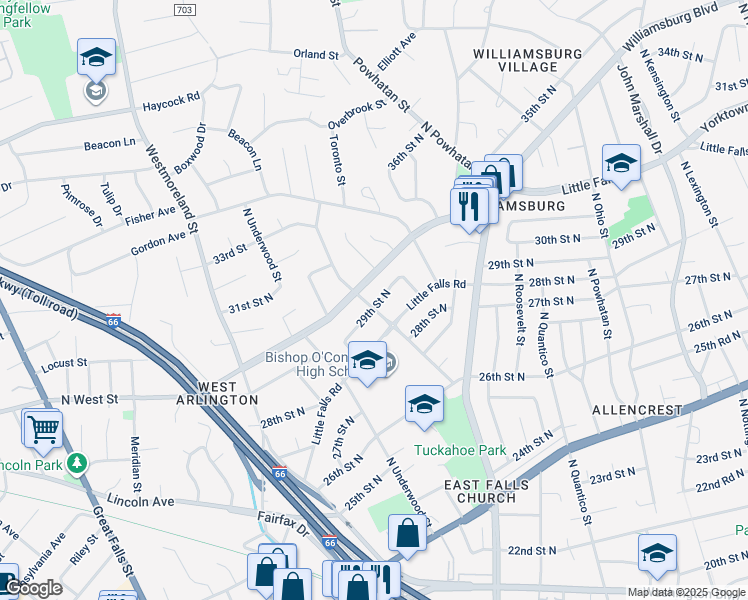 map of restaurants, bars, coffee shops, grocery stores, and more near 6599 29th Street North in Arlington