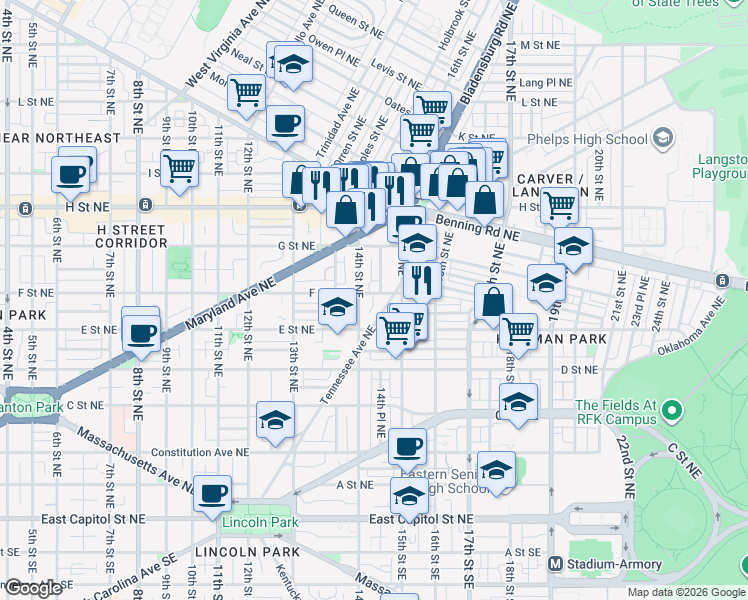 map of restaurants, bars, coffee shops, grocery stores, and more near 101 Independence Avenue Southeast in Washington