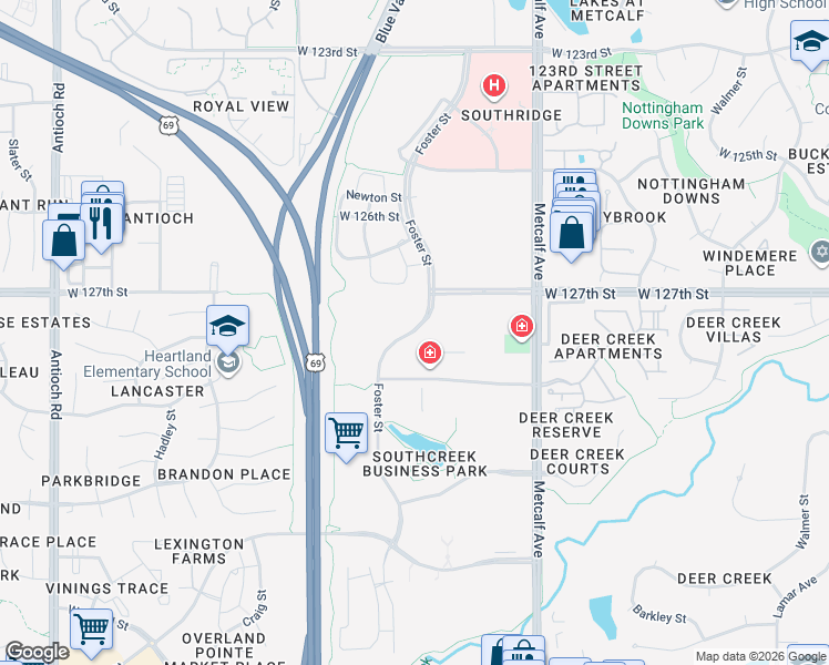 map of restaurants, bars, coffee shops, grocery stores, and more near 7400 West 129th Street in Overland Park