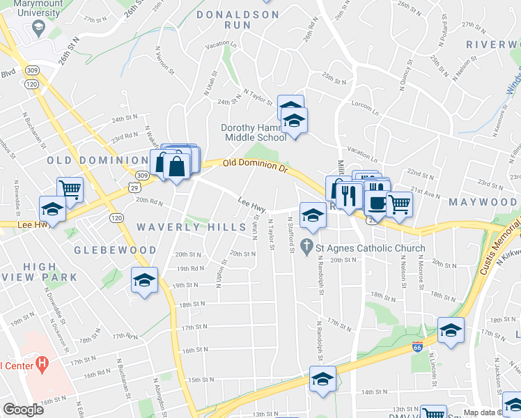 map of restaurants, bars, coffee shops, grocery stores, and more near Lee Highway & North Utah Street in Arlington
