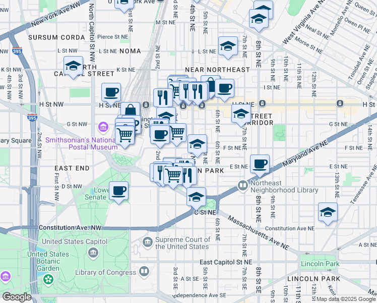 map of restaurants, bars, coffee shops, grocery stores, and more near 331 F Street Northeast in Washington