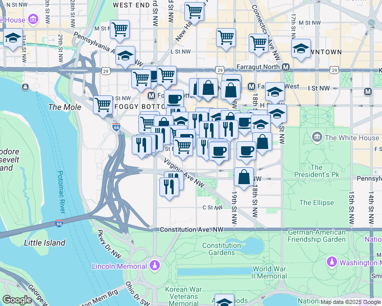 map of restaurants, bars, coffee shops, grocery stores, and more near 101 Independence Avenue Southeast in Washington