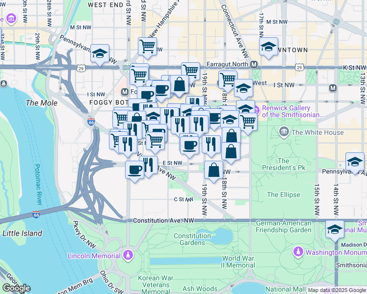 map of restaurants, bars, coffee shops, grocery stores, and more near 2000 F Street Northwest in Washington
