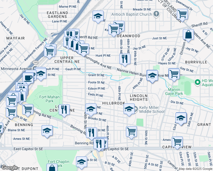 map of restaurants, bars, coffee shops, grocery stores, and more near 4601 Foote Street Northeast in Washington