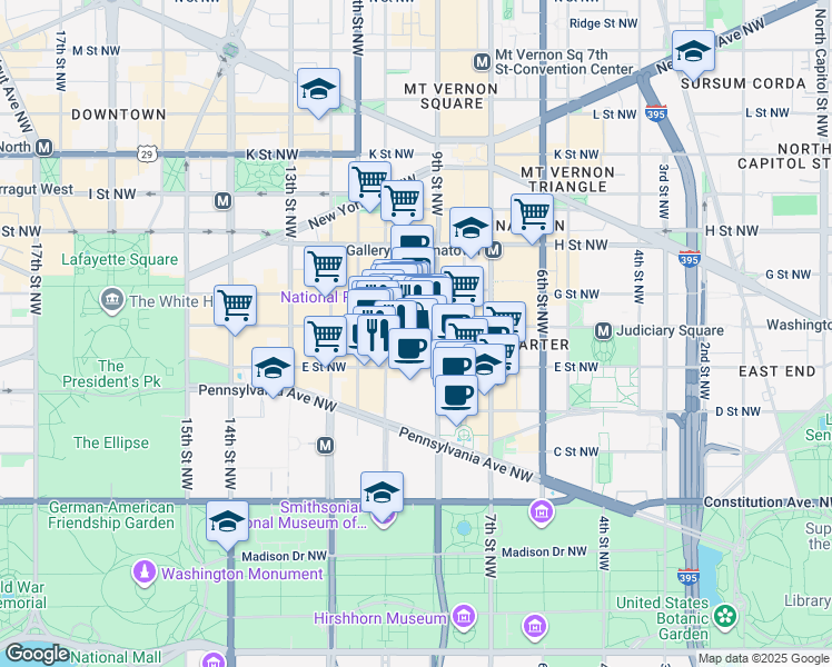 map of restaurants, bars, coffee shops, grocery stores, and more near 912 F Street Northwest in Washington