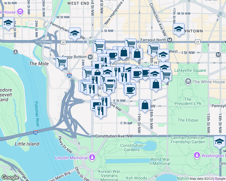 map of restaurants, bars, coffee shops, grocery stores, and more near 101 Independence Avenue Southeast in Washington