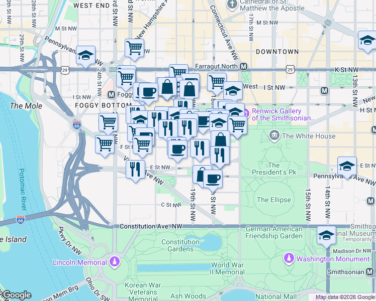map of restaurants, bars, coffee shops, grocery stores, and more near 1900 F Street Northwest in Washington