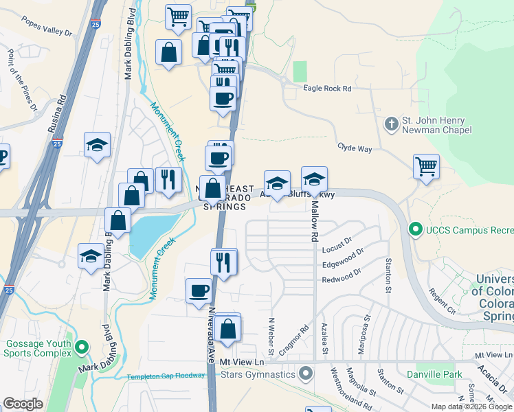 map of restaurants, bars, coffee shops, grocery stores, and more near 300 Elmwood Drive in Colorado Springs
