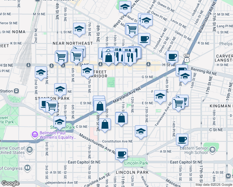 map of restaurants, bars, coffee shops, grocery stores, and more near 101 Independence Avenue Southeast in Washington