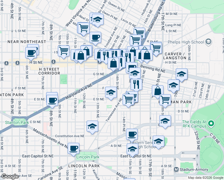 map of restaurants, bars, coffee shops, grocery stores, and more near 101 Independence Avenue Southeast in Washington