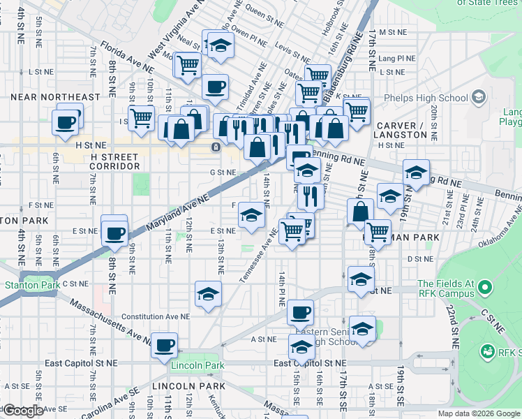 map of restaurants, bars, coffee shops, grocery stores, and more near 101 Independence Avenue Southeast in Washington