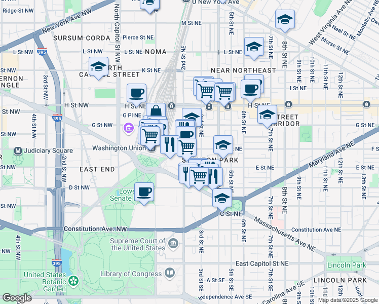 map of restaurants, bars, coffee shops, grocery stores, and more near 211 F Street Northeast in Washington